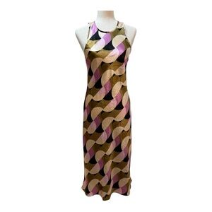 House of Harlow 1960 Crinkle Satin Gold Black Pink Geo Sleeveless Midi Dress S